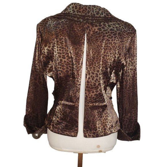 Vintage 90s Leopard Print Satin Faux Wrap Blouse Long Sleeve Leopard Print Sz M - Picture 8 of 12